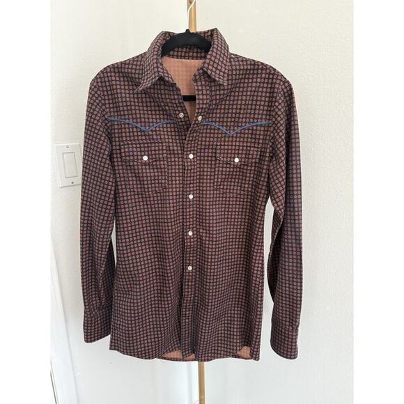 Handmade Brown Navy Flannel Geometric Western Snap Shirt Mens Medium - Picture 1 of 6